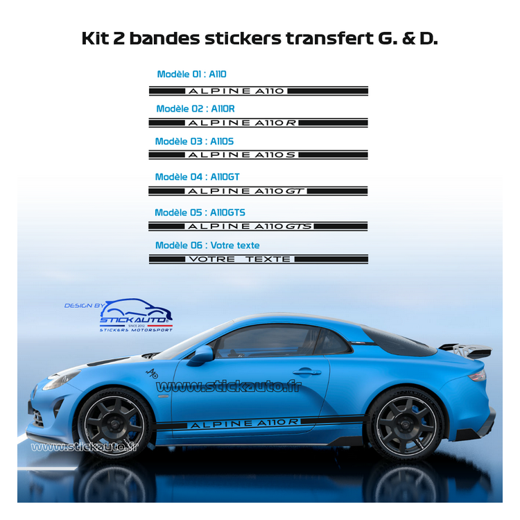 Kit 2 bandes stickers Alpine transfert A110 A110S A110R A110GT A110GTS etc