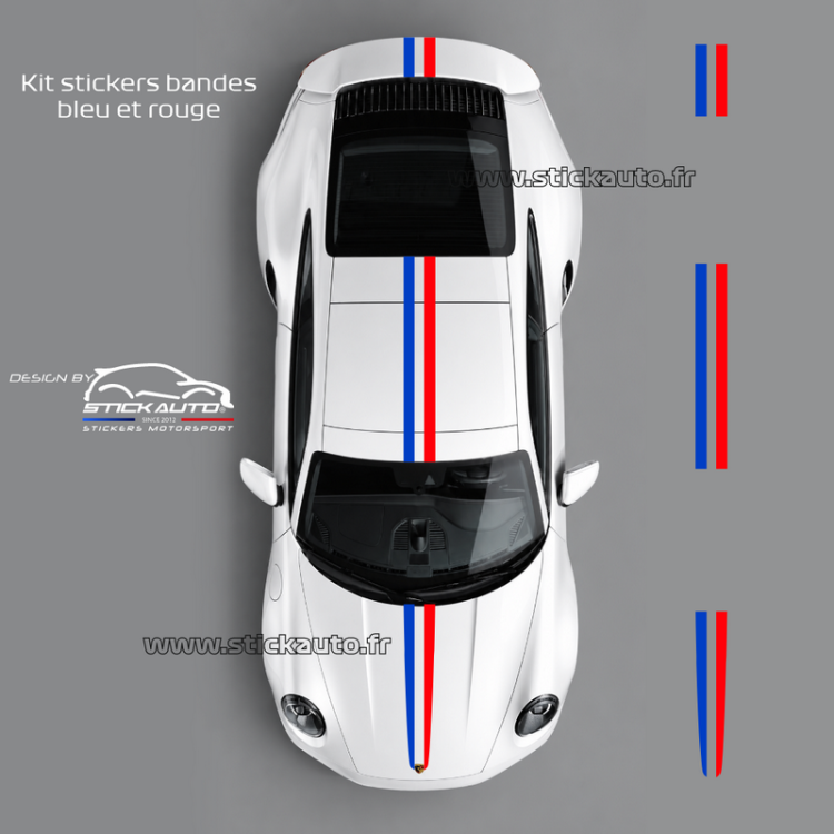 Kit stickers double bande Porsche bleu et rouge